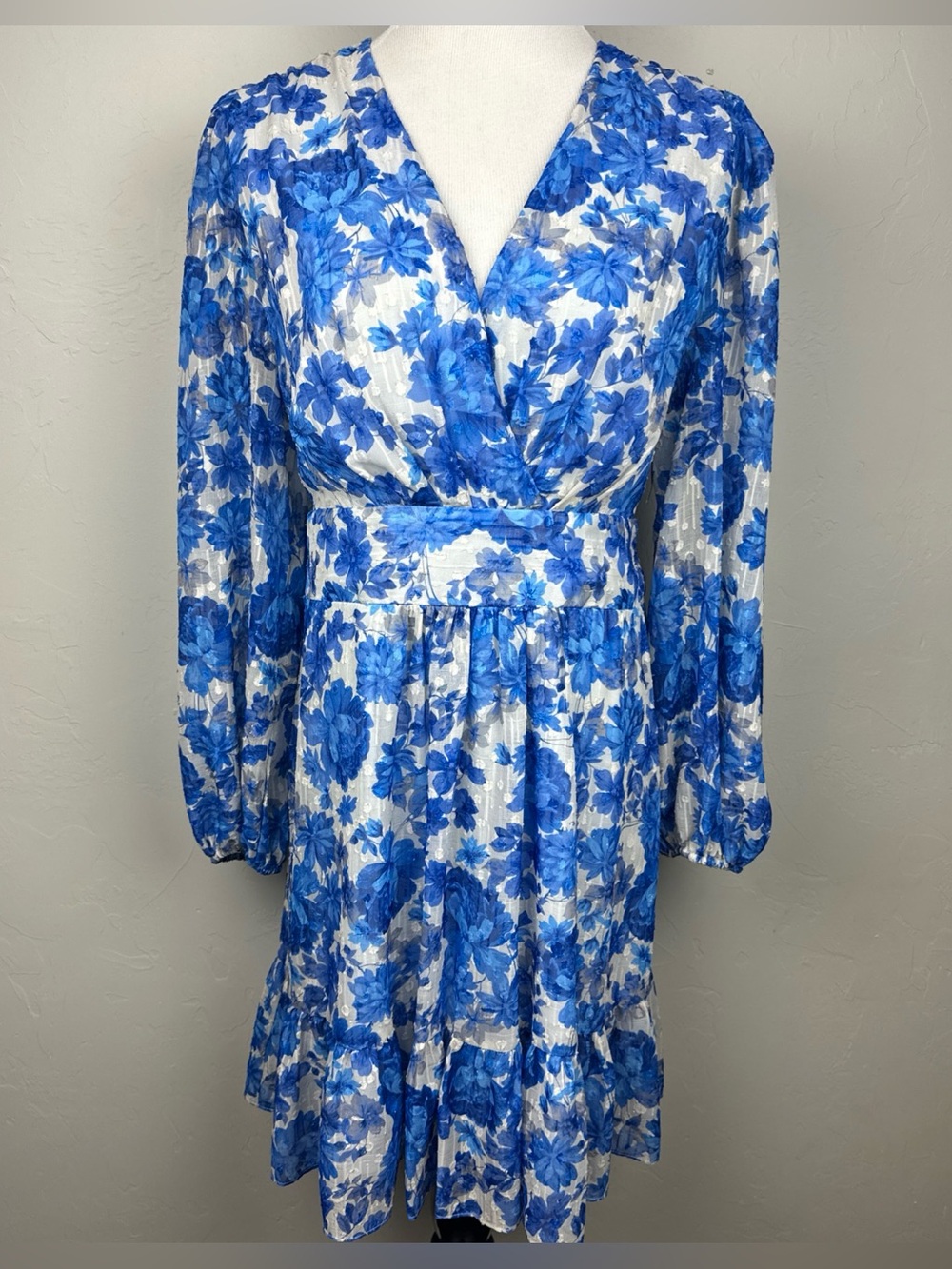 Alex‎ Marie Blue Floral Metallic Lurex Dress Womens Size 14 Tie Waist